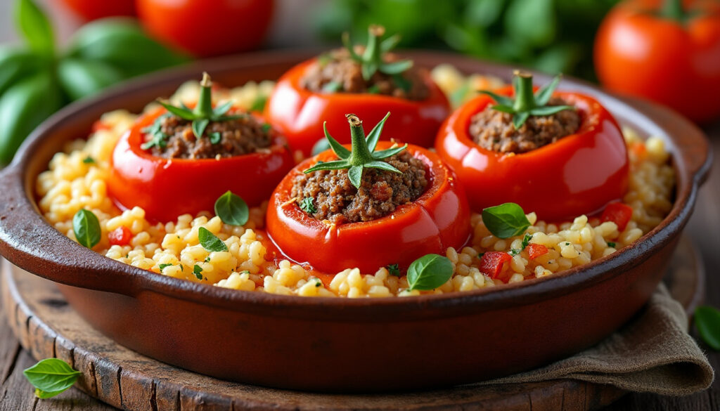 découvrez une recette facile et savoureuse de tomates farcies et riz au four, idéale pour un repas convivial et gourmand.
