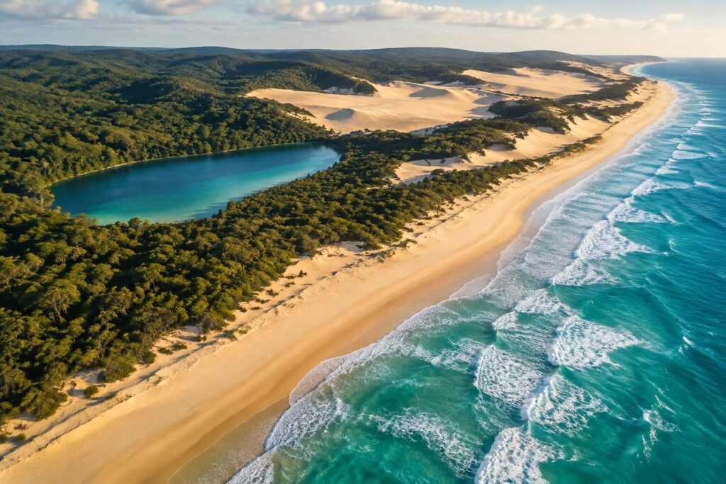 découvrez fraser island, la plus grande île de sable au monde, et ses plages sauvages, ses lacs cristallins et ses forêts luxuriantes.